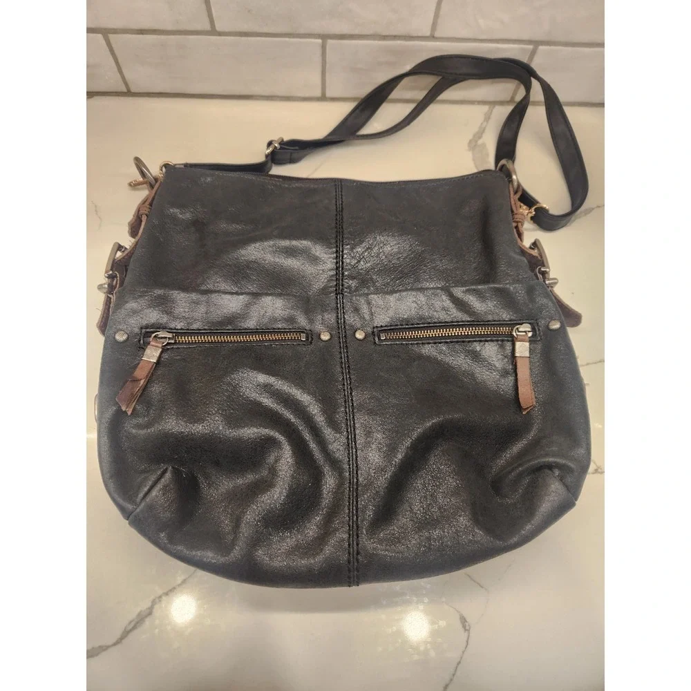 The Sak Black Leather Medium Zip‎ Top Shoulder Bag Adjustable Strap Purse Bag